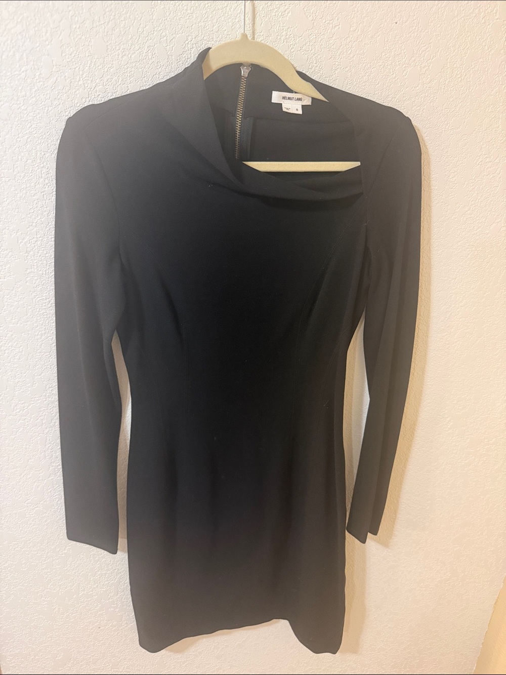 Helmut Lang Black Long-Sleeve Draped Neck Dress